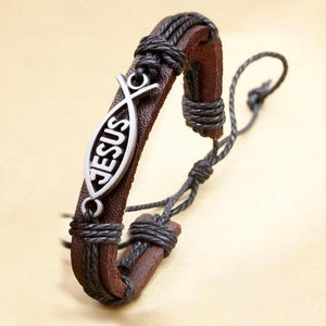 Leather Jesus Fish Bracelet